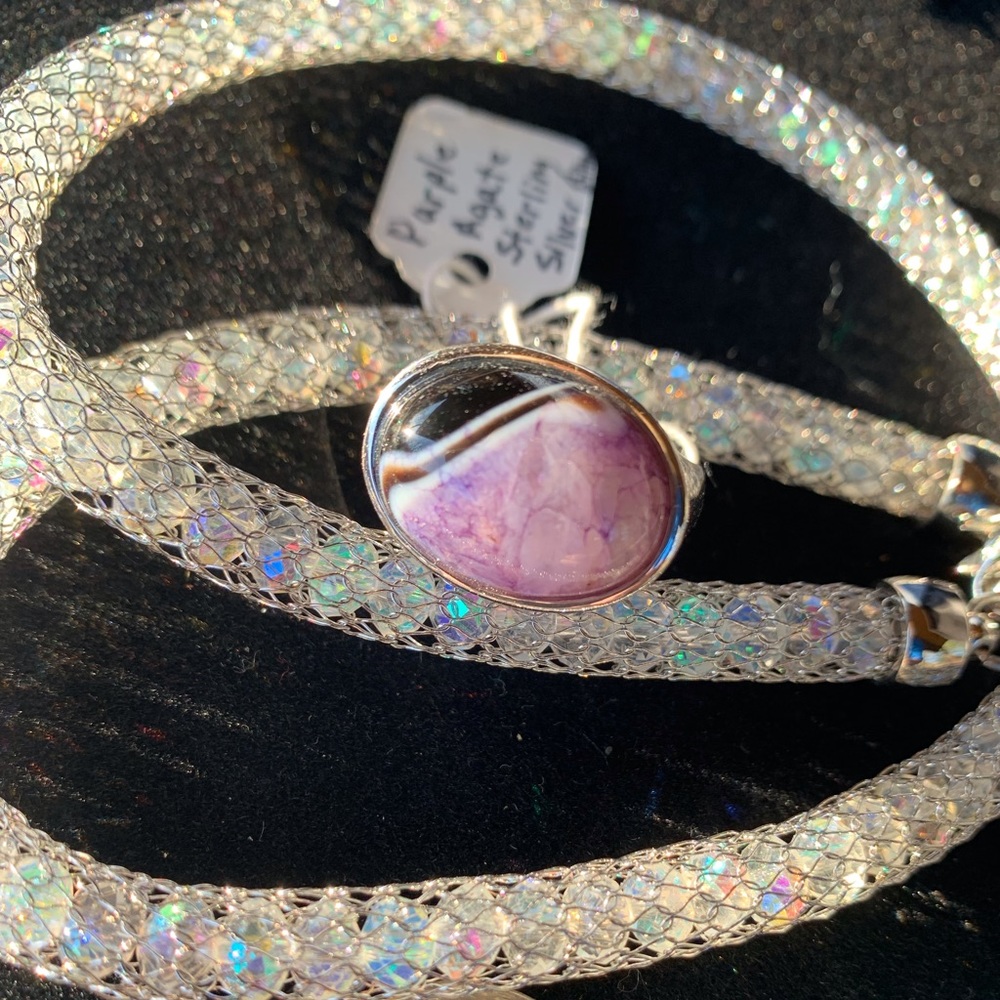 Purple Agate Stamped 925 Size 10 Ring